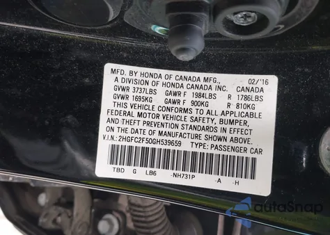 2016 Honda Civic Lx from USA, damaged, VIN 2HGFC2F50GH539659